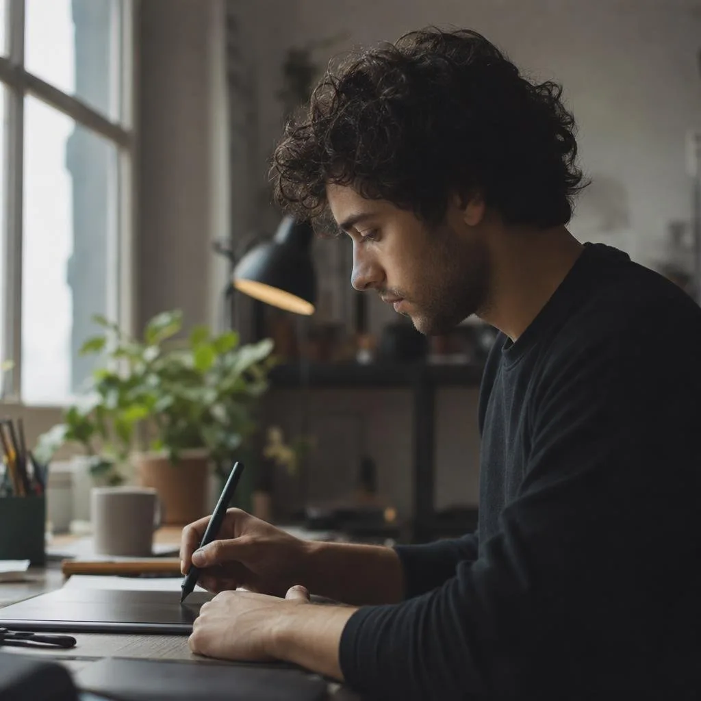 Motion designer reviewing an animation timeline at a bright workspace